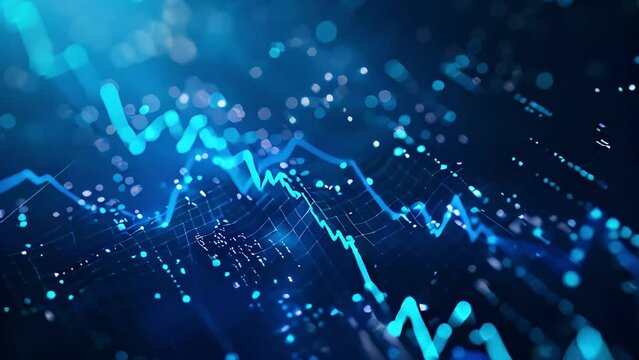 Financial graph on blue technology abstract background: Cinematic representation of trends and data analysis. Visualization of financial performance and technology integration.