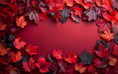 Heart made of leaves on red background. Generative AI