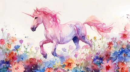 Obraz na płótnie Canvas Enchanting Watercolor Unicorn Prancing Through Vibrant Floral Meadow