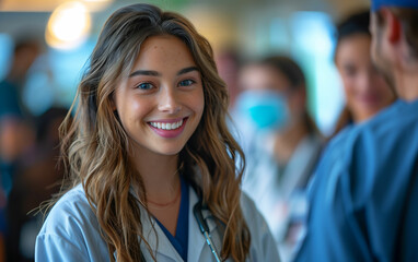 Healthcare worker smiles in scrubs. Generative AI