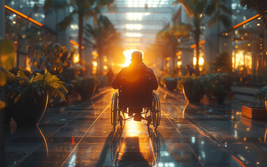Person in wheelchair walking down hallway. Generative AI
