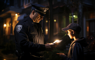 Police officer standing next to young boy. Generative AI