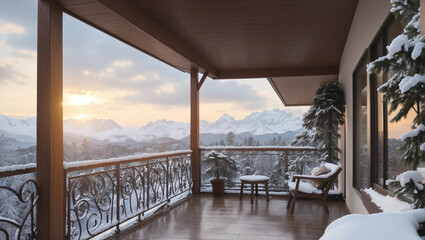 A view of snow-covered mountains from a wooden balcony with a table and two chairs.

 - obrazy, fototapety, plakaty