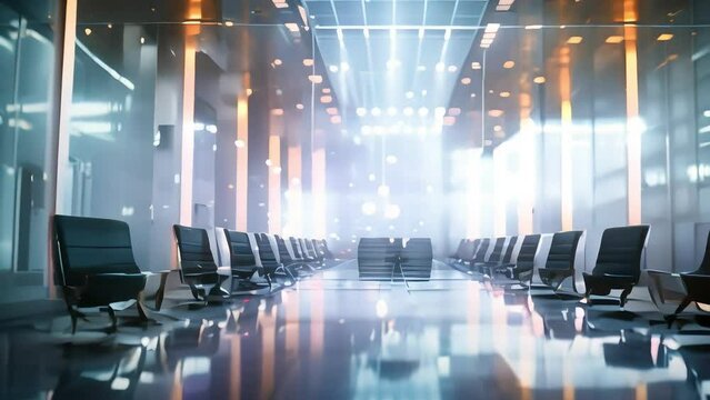 Business center for conferences and negotiations, skyscrapers outside the window, in light blue colors. Large glass table, leather chairs, ultra modern design. Discussion of the investment.