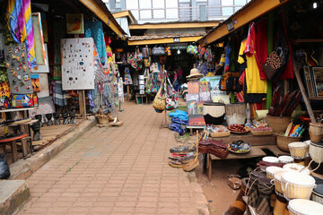 African traditional market with handmade souvenirs in Uganda. Souvenir Shop in Kampala city of...