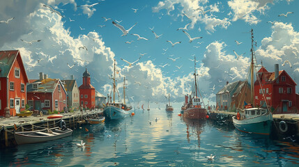 Vibrant harbor scene filled with boats. Generative AI - obrazy, fototapety, plakaty