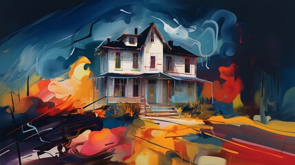 a house that is being painted in an abstract expressionist style, with AI painters using bold and spontaneous strokes to convey emotion and energy - obrazy, fototapety, plakaty