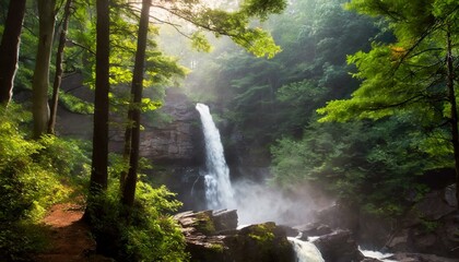 A cascading waterfall hidden deep in a lush forest with mist hiding the gorge and trees surrounding...