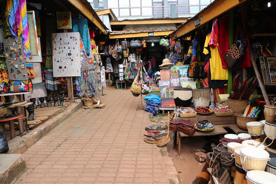African traditional market with handmade souvenirs in Uganda. Souvenir Shop in Kampala city of Uganda. 6 June 2016.
