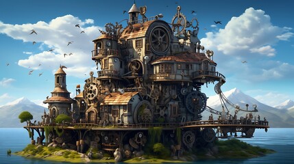 a house that seems to be made of intricate clockwork, with AI-generated painters creating a...