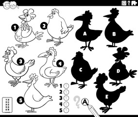 finding shadows game with cartoon chickens coloring page