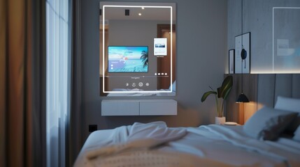 Modern bedroom with innovative smart mirror displaying digital content