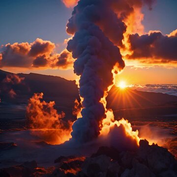 The prompt for this image is: "A volcanic eruption at sunset, with the sun setting behind the volcano and the ash cloud lit up by the sun."