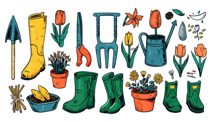 Hand drawn Vector illustration of gardening tools, gloves with seedling, flower pot, tulip, shears, scissors, shovel, rubber boots, watering can, seeds. Set of various garden items. Horticulture conce