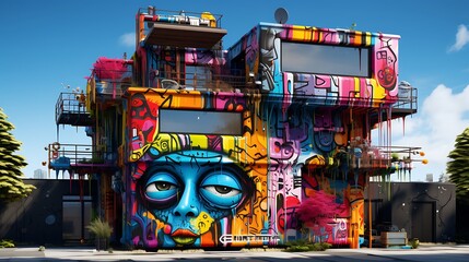 an image of a house covered in vibrant graffiti created by AI artists, turning it into a dynamic...