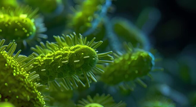 Green bacteria cells with flagella