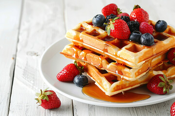 waffles with syrup and berries (strawberries, blueberries)lie on white plate on white wooden table