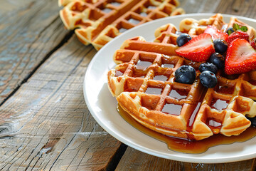 waffles with syrup and berries (strawberries, blueberries)lie on white plate on  wooden table