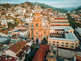 Front view of our Lady of Guadalupe church in Puerto Vallarta, Jalisco, Mexico at sunset high angle.