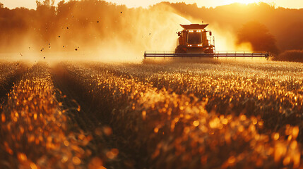 The image shows a combine harvester harvesting a field of wheat at sunset. The warm colors of the sunset create a beautiful and peaceful scene. - Powered by Adobe