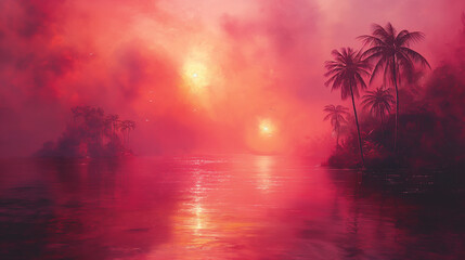 Fototapeta na wymiar Tropical sunset with red sky and palm tree silhouettes, paradise landscape