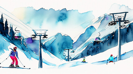 Ski slope.
watercolour-style illustration.
AI generated.