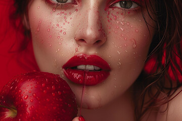 Woman with red lips biting into a wet apple on a red backdrop. Seductive beauty and fruit concept. Design for cosmetics advertising, artistic food photography. Intimate close-up with water droplets.