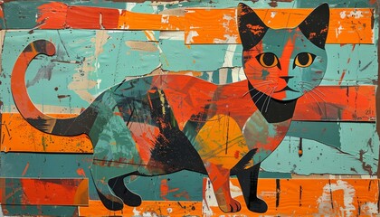 A college art cutout of a slacker kitty in front of a teal and tangerine abstract background. The image has a raw style with a hint of stylization.