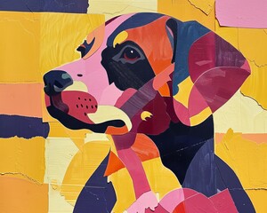 A college art cutout of a slacker puppy in front of an abstract background in shades of sunshine yellow, tan, deep pink, and eggplant. Minimalist design with negative space