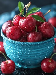 A blue bowl filled with cherries sitting on a wooden table