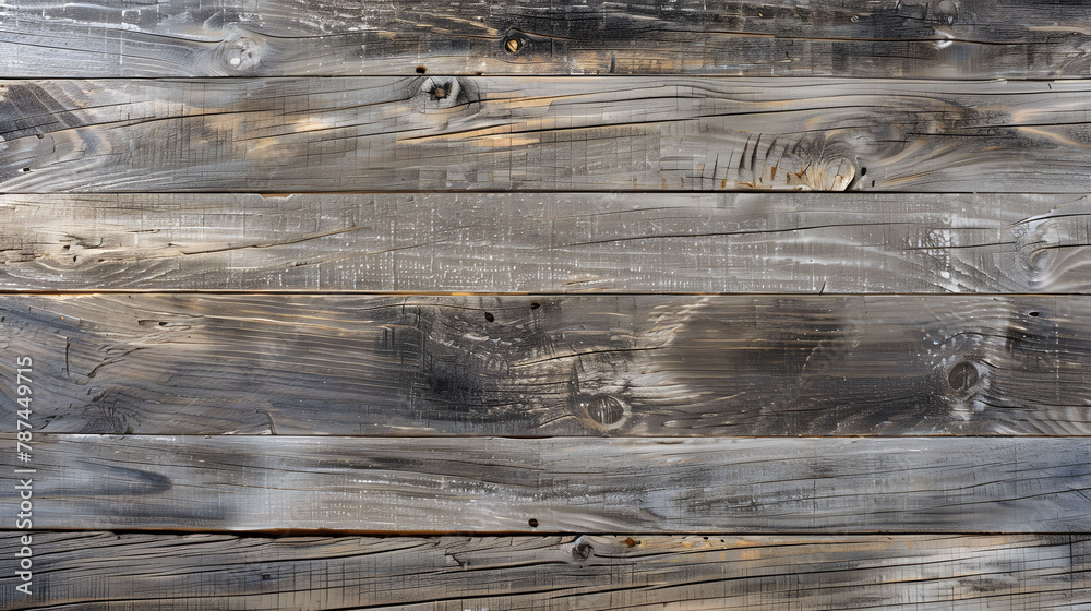 Wall mural weathered gray wooden planks with peeling paint and orange rust stains. textured background for desi