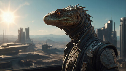 Lizard saurian human with protective clothing in dystopic apocalyptic world
