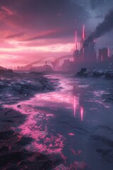 A lone city glows in eerie pink salt and charcoal gray amidst a dark, post-apocalyptic landscape, a haunting beacon of humanity's last hope.