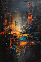 An apocalyptic cityscape bathed in darkness, awash in rustic orange, marigold, dirt brown, and beryl blue hues, painted in the style of a Renaissance oil masterpiece.