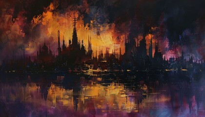 An oil painting depicting a dark and futuristic city in black, amethyst, plum, and butterscotch yellow hues, resembling a Renaissance-style apocalypse.