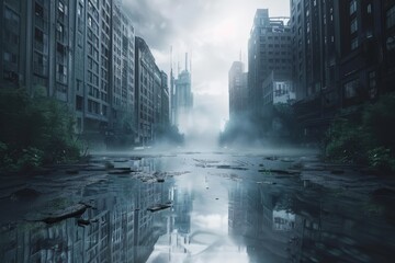 A futuristic city in shades of Ultimate Gray with Illuminating accents, a beacon of hope in a dark, post-apocalyptic world. Resilience and survival symbolized in stark contrast.