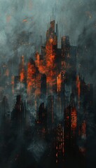 A hauntingly beautiful apocalyptic cityscape in dark October, mist swirling with sand. A Renaissance-style oil painting in orange and black hues.