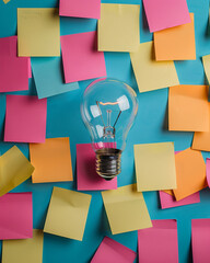 A brainstorming area with a central lightbulb illustration surrounded by Post-Its, each note a contribution from different team members