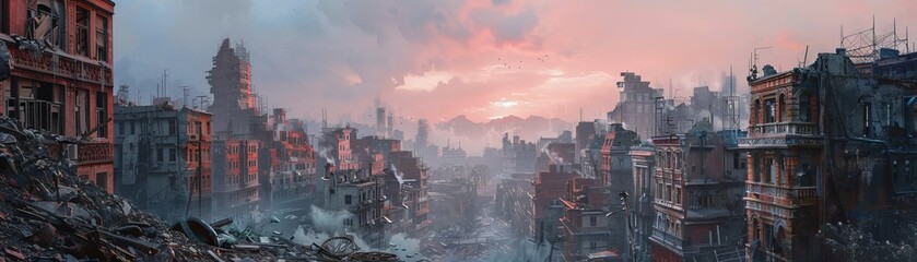A dystopian city in shades of blush rose and fuchsia emerges from cobalt shadows of disaster. Brown ruins tell tales of apocalypse, juxtaposing beauty with decay