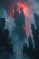 A dystopian world enveloped in darkness, with a futuristic city shining in blue and red. A symbol of both despair and hope, a contrast of survival and defiance.