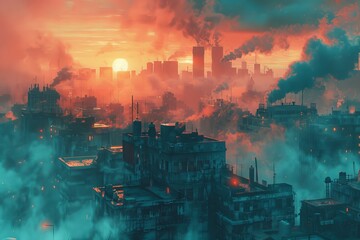 A dystopian city shrouded in shadows of apocalypse, painted in turquoise and warm sand. Dark yet luminous, promising tales of survival and a reborn future from the ashes. - 787449962