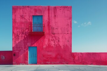 Vibrant pink building with blue staircase