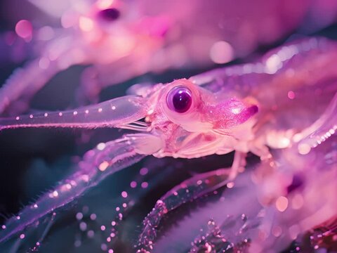 A group of tiny pink krill photographed up close.