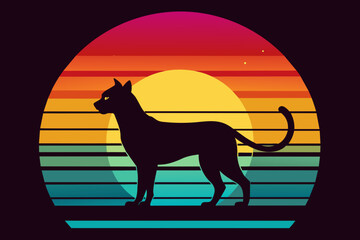 T-shirt design Vintage retro sunset black background  ,  cat Solar eclipse