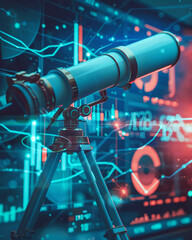 A giant telescope pointed at a screen displaying fluctuating interest rates, with percent symbols highlighting key observations for future predictions - obrazy, fototapety, plakaty