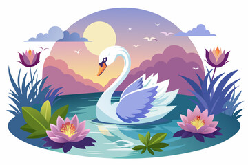 Beautiful view of swan playing water in pond, lotus, sunrise, rim lighting  vector silhouette on white background
