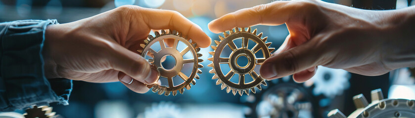 A hand joining two cogs together, symbolizing the integration of different departments to enhance overall functionality and performance - obrazy, fototapety, plakaty