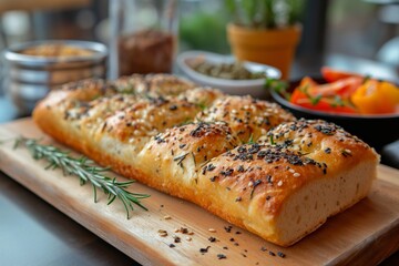 Herb topped focaccia bread on a wooden tray, in a modern cafe setting with a cozy atmosphere