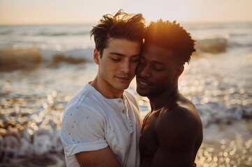 Two men being in love. Romantic atmosphere, sunset