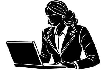 Businesswoman working on laptop black silhouette in white background